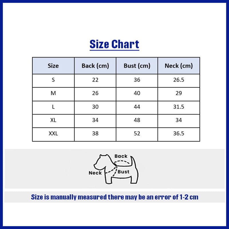 Dog Vest size chart