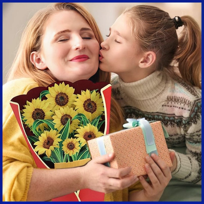 Girl gifting a bouquet to her mom